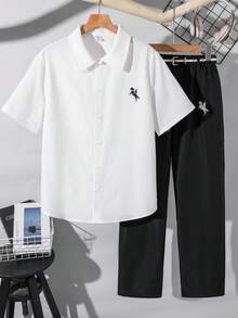 SHEIN 2pcs/Set Teen Boys Black & White Short Sleeve Shirt With Contrast Logo Print, Collared Shirt And Pants Gentleman Outfit, Suitable For School, Commute, Casual, Sports, Spring/Summer - Black and White - View 4