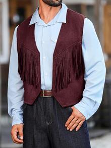 Manfinity Nomadique Men's Solid Color Open Front Casual Western Style Fringe Vest - Burgundy - View 3