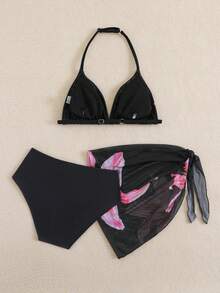 SHEIN 少女三件套比基尼，黑色碎花挂脖三角上衣、三角泳裤、纱笼，时尚优雅泳装，适合游泳、度假、夏季穿着 - 黑色 - 查看 2