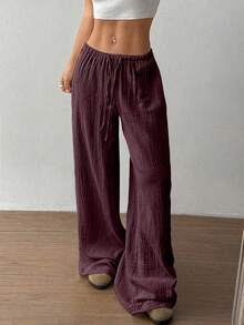 Flirla 女士柔软棉质纱布休闲裤，超低腰纯色松紧腰直筒设计 - 棕色 - 查看 4