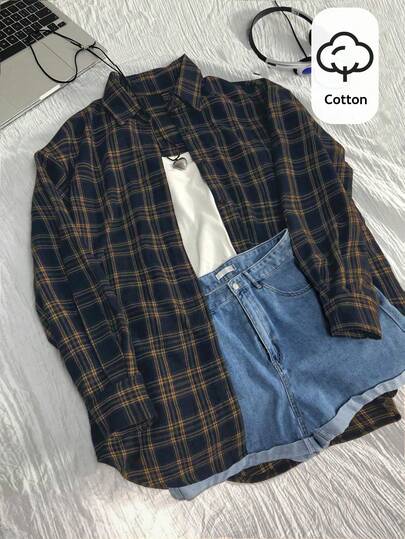 Elamini Vintage Plaid Loose Academy Style Women Shirt, Fashion Versatile, Autumn/Winter