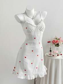 Comfortcana 女士休闲爱心刺绣吊带迷你连衣裙，夏季 - 紅色 - 查看 3