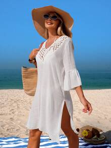 Swim Lushoire Women's Solid Crochet Lace Patchwork Flounce Sleeve Split Hem Bikini Cover Up For Beach Vacation Beach Coverups For Women White Beach Dress Women Boho White Dress Long Sleeve Summer Dress - White - View 4
