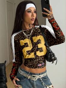 Coolane Casual Vintage Street Style Leopard Print Contrast Color Letter Number 23 Graphic Long Sleeve Ruched Waist Sexy T-Shirt For Women, Suitable For Autumn/Winter, Vintage, Preppy, Versatile, Sexy, Cute, Y2K, Coconut Girl, Boho, Hippie, Music Festival Leopard Print Top Y2k Top - Multicolor - View 5