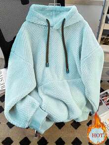 INAWLY Plus Size Women's Solid Color Long Sleeve Fleece Drawstring Hooded Sweatshirt, Autumn/Winter - Baby Blue - View 1