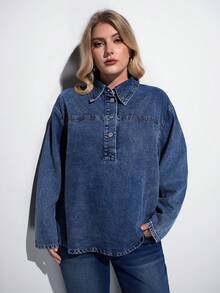 Maija Áo denim cỡ lớn gợi cảm tay dài rộng màu xanh áo sơ mi nữ mùa thu váy nữ áo sơ mi nữ áo cánh - Rửa tối - Xem 4