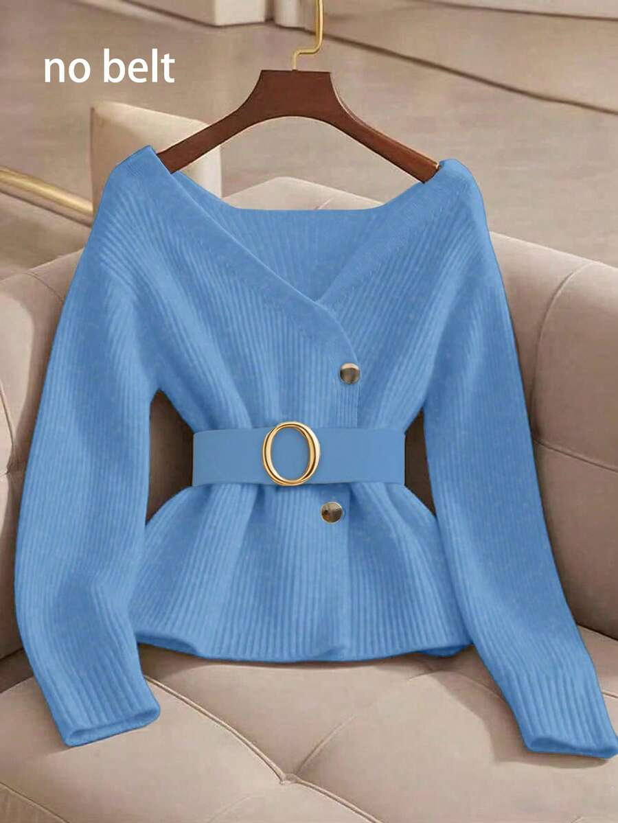 Franclia Áo len chui đầu màu trơn thiết kế cổ chữ V thanh lịch mới dành cho nữ, đa năng cho mùa thu - Màu xanh lam - Xem 1