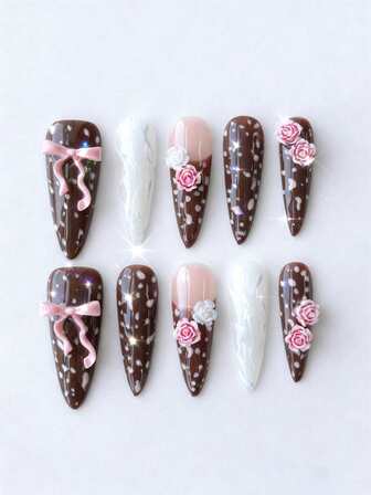 Anime 10 Stück süße Schleifen-Musik-Noten-Stern-Elemente hochwertige handgefertigte Kunstnägel + 3 Stück doppelseitiger Kleber, Y2K französischer Stil Strass-Kette Polka-Punkt abnehmbare Nail-Art-Aufkleber, geeignet für Feiertage, Partys, Tanzen und den täglichen Gebrauch