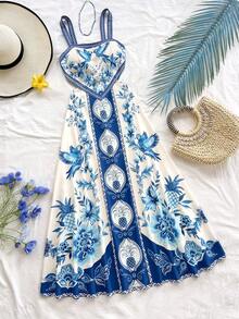 Soleia Women's Fashion Vacation Casual All-Over Print Spaghetti Strap Dress Women Vacation Dress Boho Summer Dress Women Blue And White Dress Women Carnival, - Blue and White - View 1