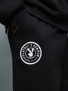 PLAYBOY X SUMWON Pullover Hoodie And Sweatpants Set With Drawstring Hood Centre Pocket Bunny Logo Print Casual Loungewear Co-Ord Set Winter Fall - Black - View 5
