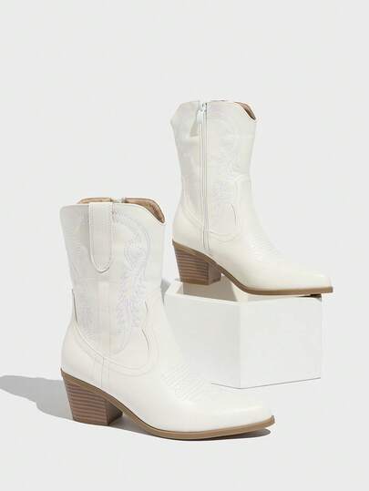 Daringsoles Women's White PU Leather Western Cowgirl Mid-Calf Boots, Side Zipper, Embroidered, American Style Short Boots, Versatile Pointed Toe Chunky Heel Ankle Boots For Christmas