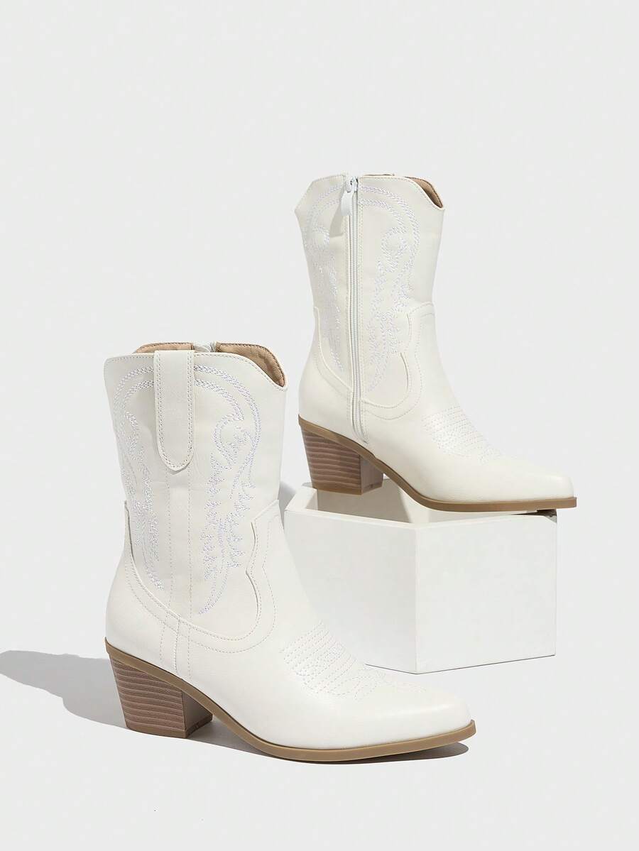 Daringsoles 女士白色PU皮革西部牛仔中筒靴，侧拉链，刺绣，美式风格踝靴，百搭尖头粗跟踝靴，圣诞节必备 - 白色 - 查看 1