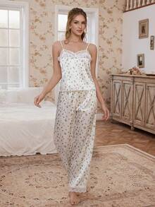 CottageSlumber Romantic Ditsy Floral Faux Silk & Lace Camisole + Lace Trim Pants Women Pajama Set - Multicolor - View 6
