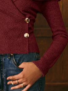 Poéselle 女士纯色长袖修身休闲针织开衫 - 酒紅色 - 查看 4