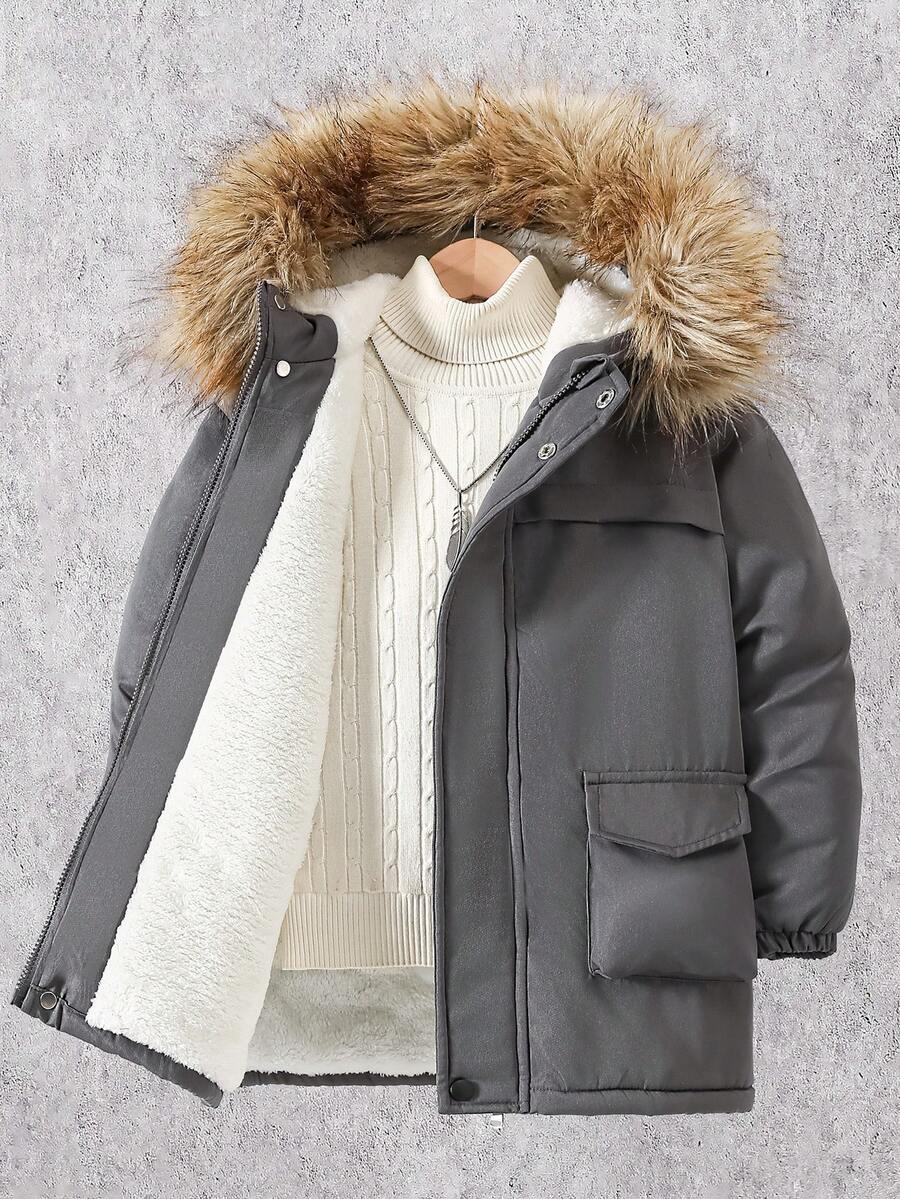 SHEIN Vacaura 男童拉链保暖连帽休闲冬季外套 - 深灰色 - 查看 1