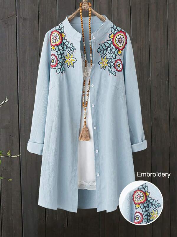 Plus Size Women Embroidered Long Cardigan Blouse, Spring Autumn Fall Cloth For Women