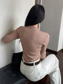 DAZY Lace Patchwork Slim Fit Women Pullover Sweater - Khaki - View 2