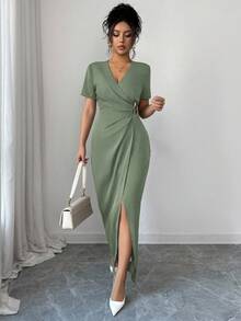 Elenzga Women's Elegant Solid Color Wrap Long Dress For Commuting - Olive Green - View 3