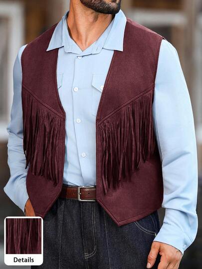 Manfinity Nomadique Men's Solid Color Open Front Casual Western Style Fringe Vest