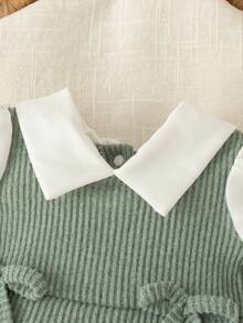 SHEIN Bộ 2 món/Bộ trang phục thường ngày cho bé gái sơ sinh, áo dài tay cổ bẻ phối màu và quần len rộng rãi - màu xanh lá - Xem 4