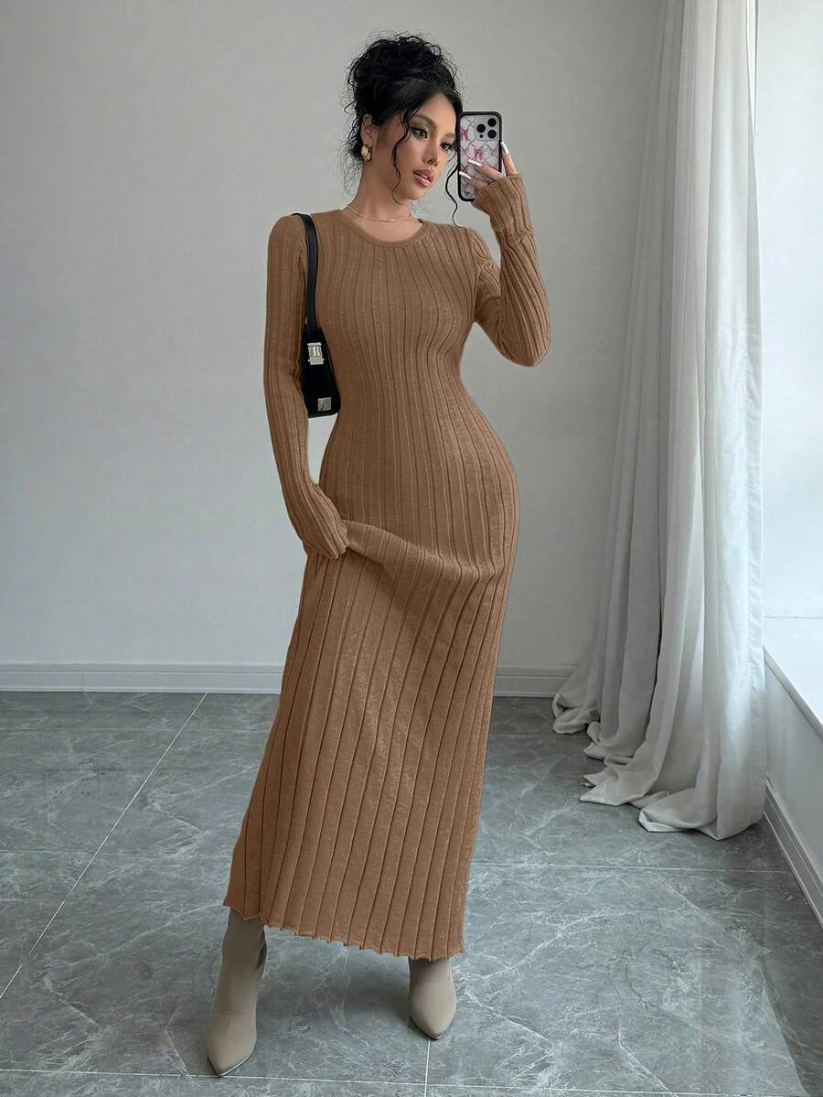 Rafferiza 女士纯色圆领长袖修身罗纹针织长款毛衣连衣裙，秋冬款 - 棕色 - 查看 1
