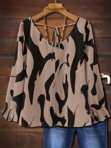 EMERY ROSE Plus Size Khaki Abstract Print V Neck Ruffle Long Sleeve Blouse Woven Fabric Top - Khaki - View 2