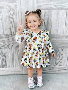 THE POWERPUFF GIRLS X SHEIN Baby Girl Sweet Cute Cartoon Blossom, Bubbles, Buttercup Pattern Ruffle Trim Long Sleeve Knit White Dress - Pink - View 1