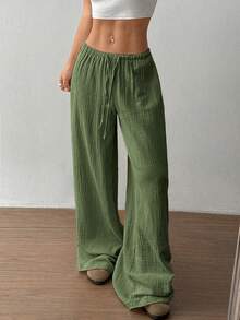 SHEIN MOOSTA 女式超低腰休闲棉质直筒裤 - 軍綠色 - 查看 4