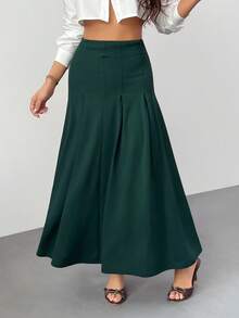 SHEIN PETITE 女士纯色半身裙 绿色长款宽松优雅高端款，适合秋冬季穿着 - 軍綠色 - 查看 4