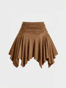 SHEIN Sweetro Váy suông màu trơn eo rút viền bất đối xứng cho nữ cỡ lớn - Màu Khaki - Xem 2