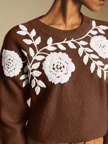 Poéselle 秋冬季休闲复古圆领长袖女式毛衣 - 巧克力棕 - 查看 3