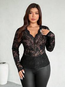 Firerie Áo cánh tay dài cổ chữ V viền ren thanh lịch, giản dị cỡ lớn, đa năng cho trang phục hàng ngày và đi nghỉ, mùa xuân/thu - màu đen - Xem 5