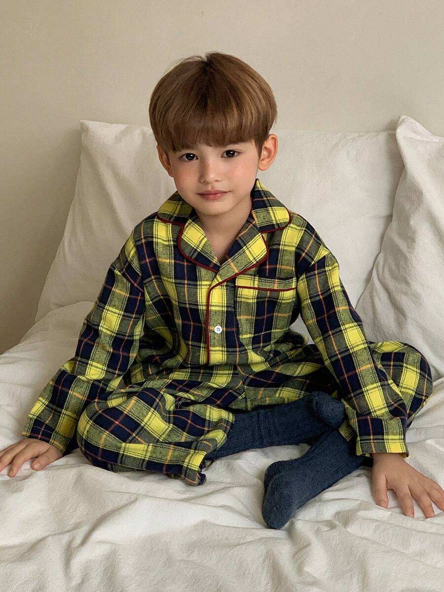 Dazy Kids 男童格子长袖单排扣上衣和裤子睡衣套装 - 黃色 - 查看 1