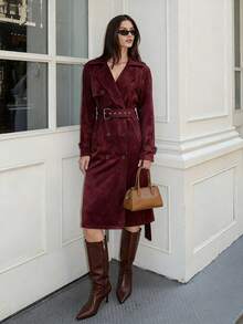 Glamine Women's Burgundy Suede Retro Casual Loose-Fit Mid-Length Coat For Autumn/Winter - Burgundy - View 7