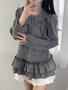 FRIFUL Áo thun nữ 2 trong 1, áo hai dây phối vải, áo khoác ngoài phối vải, áo thun ôm dáng ôm vừa vặn, kiểu dáng ngọt ngào, thường ngày, có nơ và bèo nhún. - Xám - Xem 4