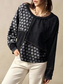 Bohemela 女士休闲针织拼接圆领宽松长袖卫衣，秋冬季 - 黑色 - 查看 3