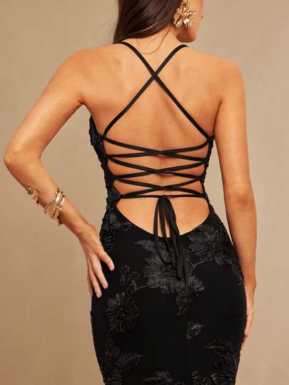 Silquee Women's Black Jacquard 3D Floral Embroidered Knit Dress,Elegant Formal Summer Mesh Bra Cup Fitted Bodysuit Abaya For Dates,Nightclub Parties&Dinners