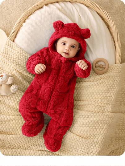 SHEIN 新生儿男女宝宝可爱卡通图案毛绒连帽连体衣，适合秋冬季室内外穿着