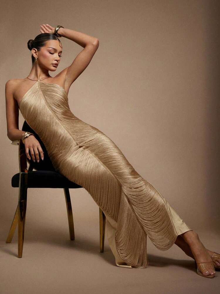 Hauture Vestido Sexy com Franjas Pendentes e Decoração de Metal Dourado para Festa - Damasco - Visão 1