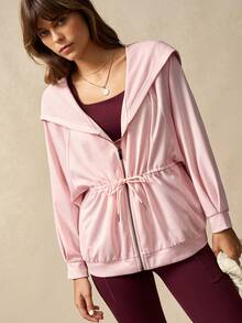 VARSIVA Women's Pink Hooded Slim Fit Drawstring Zipper Casual Long-Sleeve Sports Jacket. - Pink - View 9