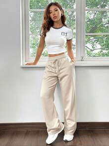 SHEIN EZwear 女士针织休闲宽松直筒运动裤，杏色 - 杏色 - 查看 6