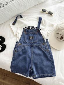 SHEIN Young BoyFitted Blue Denim Bib Shorts - Dark Wash - View 3