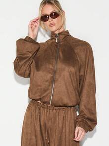 KIZN Women Suede Funnel Neck Zip Up Track Jacket With Elastic Waistband Fall Winter Outerwear - Brown - View 1