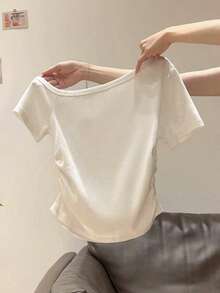 女士休闲纯色不对称领褶皱T恤，夏季 - 白色 - 查看 3