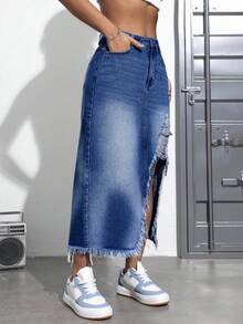 SHEIN SXY 大码休闲水洗做旧开衩牛仔裙 - 藍色 - 查看 5