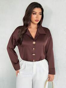 Firerie Plus Size Elegant Front Button Dropped Shoulder Long Sleeve Bodysuit, Suitable For Commuting, Autumn Brown Blouse Coffee Brown Top Office Blouse Brown Shirts For Women Business Casual Tops Woman - Coffee Brown - View 6