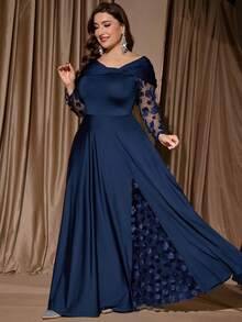 SHEIN Clasi Đầm dài tay thanh lịch phối lưới, kiểu dáng sang trọng, cỡ lớn, thích hợp dự tiệc Giáng sinh, trang phục dự tiệc, trang phục dự tiệc Giáng sinh. - màu đen - Xem 1