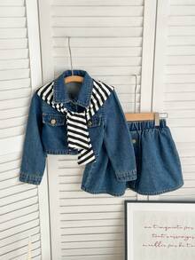 Genkimix Kids Jaket Denim Biru Vintage Kasual, Rok Mini Denim Model A-Line, dan Selendang Bergaris, Set 3 Potong Modis dengan Desain Gaya Kampus, Cocok untuk Gadis-Gadis Bergaya - Medium Wash - View 3