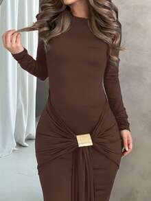 Jemour 秋冬新品女士连衣裙棕色秋季女士连衣裙圣诞派对礼服新年前夜感恩节假期长款商务休闲优雅新年服装拍摄连衣裙性感时尚风格茶会礼服 - 咖啡 - 查看 4