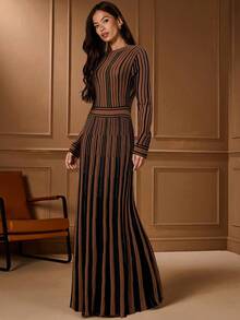 Lilora 优雅撞色圆领长袖长款毛衣连衣裙，秋冬款 - 彩色 - 查看 3